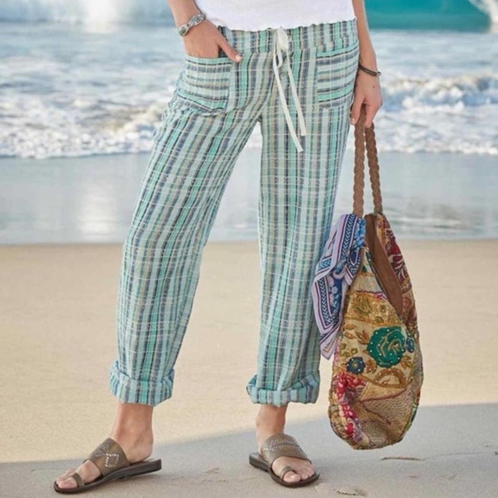 Sundance Gigi Textured Stripe Pants Womens Size L‎ Madras Boho Drawstring Cotton